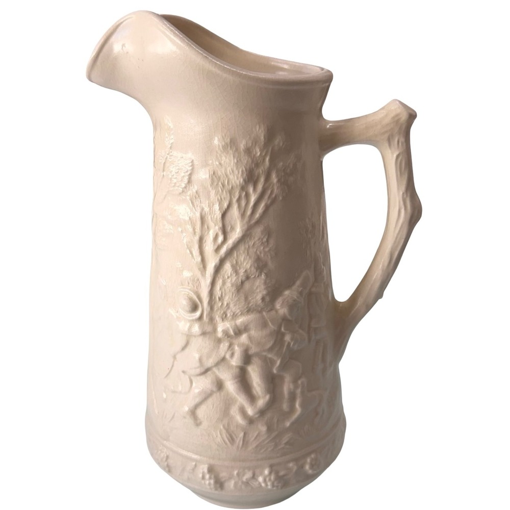 Vintage USA Pottery Relief Pitcher Ivory Colonial Dancing Scene McCoy Style 764